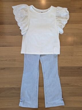 H&M White Eyelet Flutter Sleeve Top with Light Blue Jeggings
